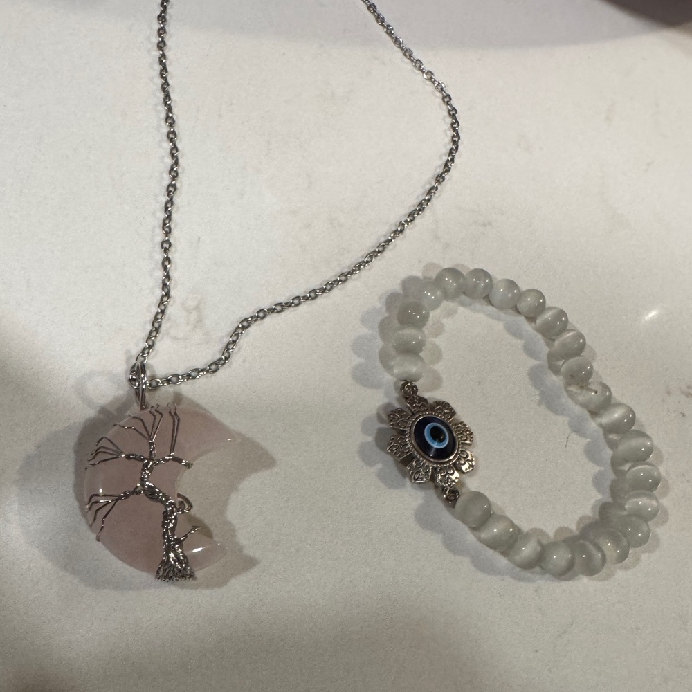 Rose Quartz Crescent Moon Necklace + Selenite Evil Eye Bracelet Crystal Set Love
